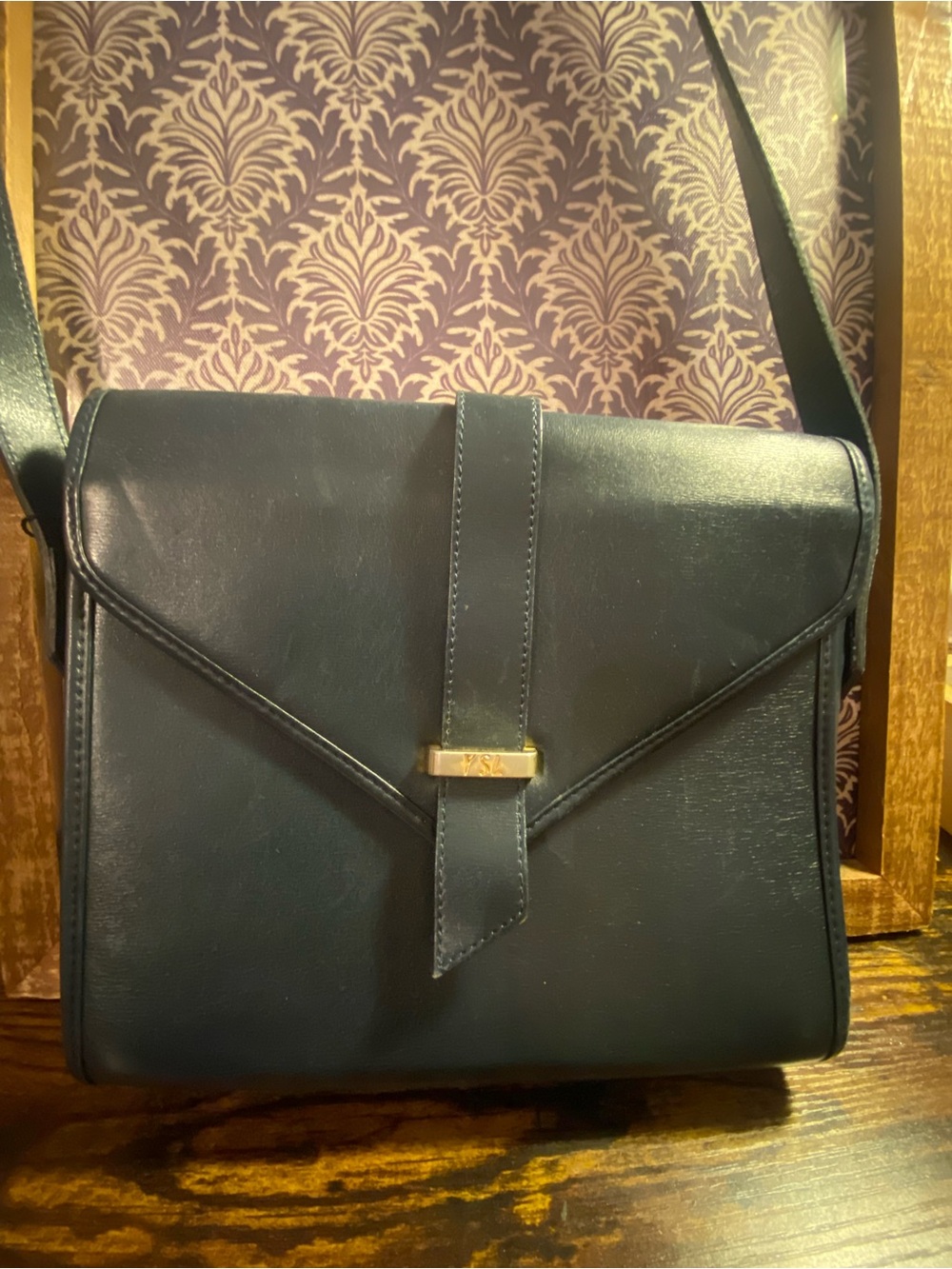 YSL 20th century envelope vintage crossbody handbag adjustable strap navy blue